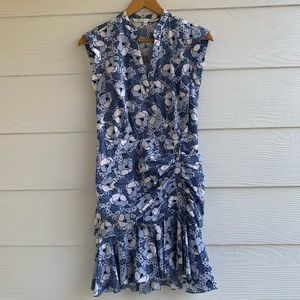 Veronica Beard blue floral fountain dress size 6 button front ruching V-neck